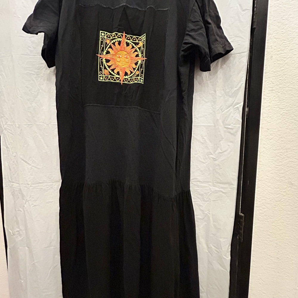 Clare USA Women’s Black Maxi Dress with Sun Embroidery 100% Cotton Sz One Size
